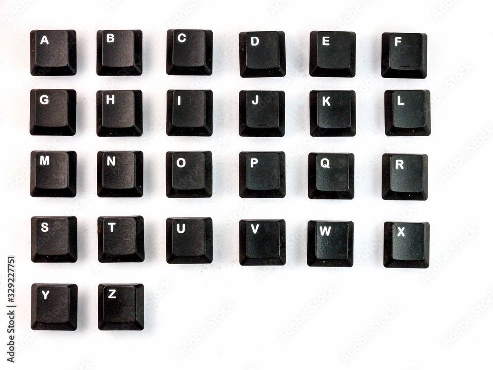 A-Z black computer keyboards botton on the White background.