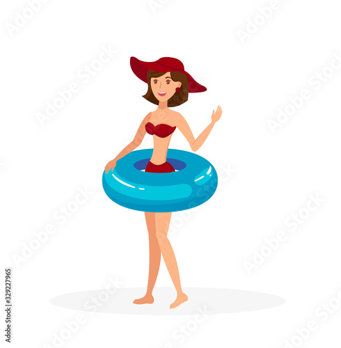 Young Lady with lifebuoy Flat Color Illustration. Cheerful Woman in Bikini and Hat Cartoon Character. Smiling Girl in Beachwear with Swimming Accessory. Summer Vacation on Tropical Resort