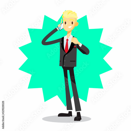 businessman cartoon character with using hand phone pose