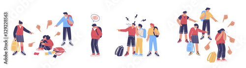 Teenage bullying. A group of negative people suppress sad, weeping children. The concept of discrimination and intimidation of the weak and victims of violence.