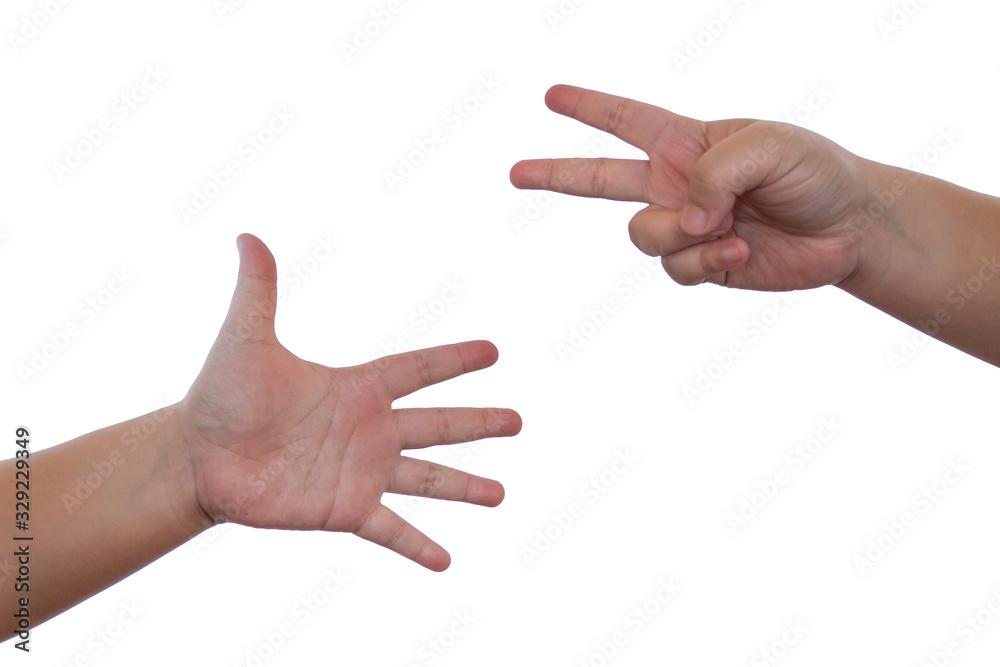 Rock paper scissors hand on white background Rock paper scissors hand on white background