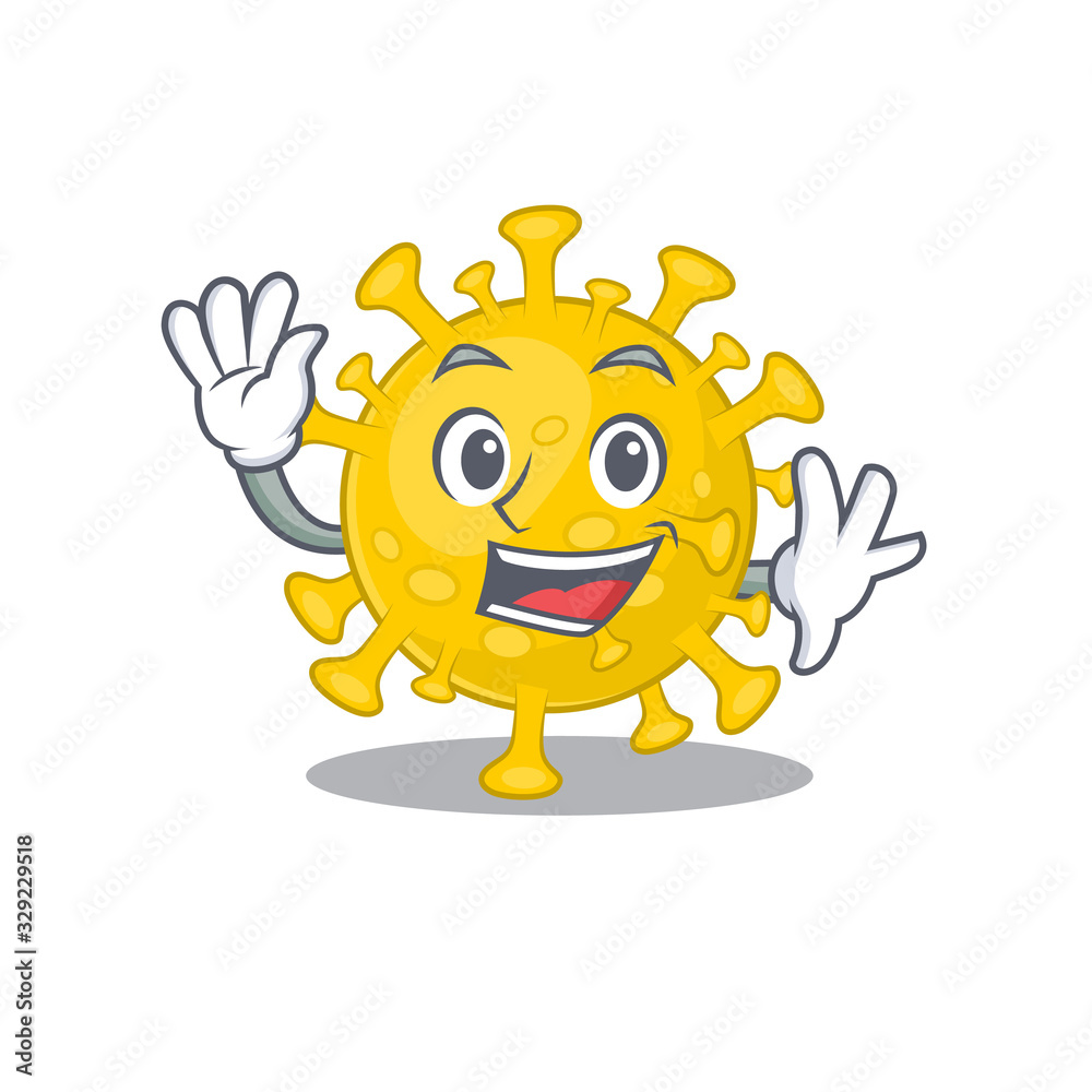 Fototapeta premium Smiley corona virus diagnosis cartoon mascot design with waving hand