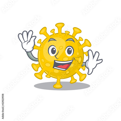 Smiley corona virus diagnosis cartoon mascot design with waving hand