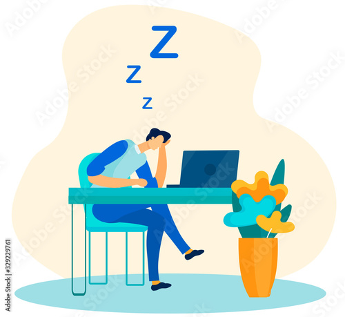 Tired and Overworked Male Worker Sleeping in Office Flat Cartoon. Exhausted Employee Falling Asleep at Work. Lazy Man Character Having Sweet Dreams behind Desk with Laptop. Vector Illustration