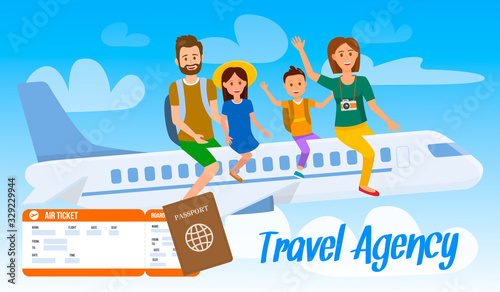 Travel Agency Lettering Vector Horizontal Banner. Family Sitting on Airplane Flat Drawing. Cartoon Characters Going on Holiday. International Airlines Poster. Boarding Pass, Air Ticket. Boeing in Sky