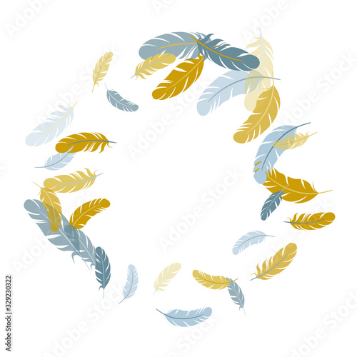 Fluffy twirled feathers on white design.