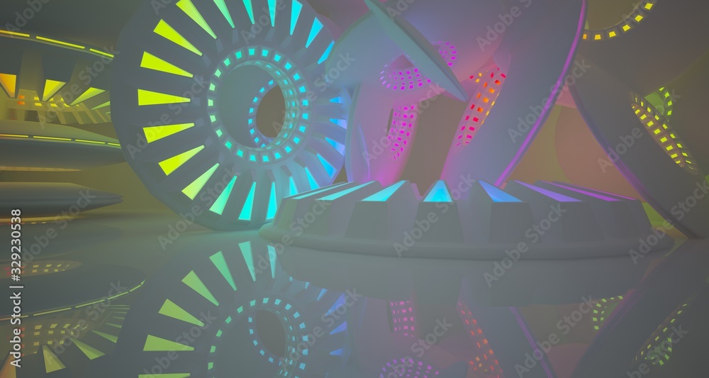 Fototapeta premium Abstract architectural background, white interior with discs. Colored neon gradient lighting. 3D illustration and rendering.