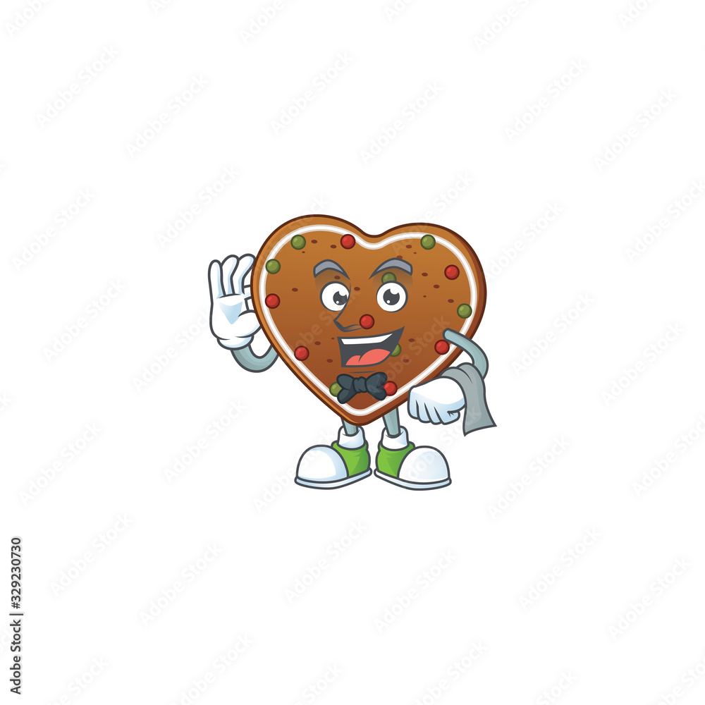 A character of gingerbread love waiter working in the restaurant