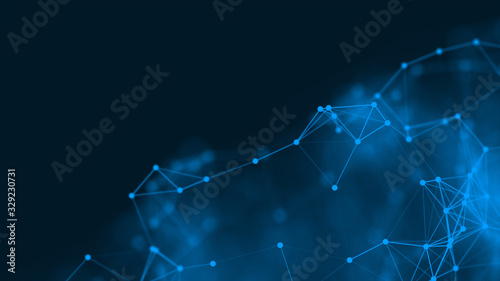 Abstract technology background with blue futuristic connection glowing lines and dots. Communication concept. Plexus structure. Illustration, science, business, network, digital, data. 3D rendering © Tanawat Thipmontha