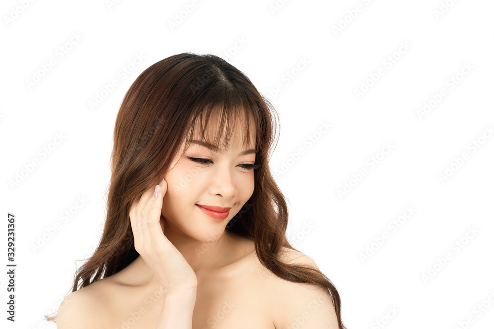 Portrait of attractive young woman with beauty skin and face isolated on white background. Healthy skin and face care concept. Portrait of attractive young woman with beauty skin and face isolated on white background. Healthy skin and face care concept.