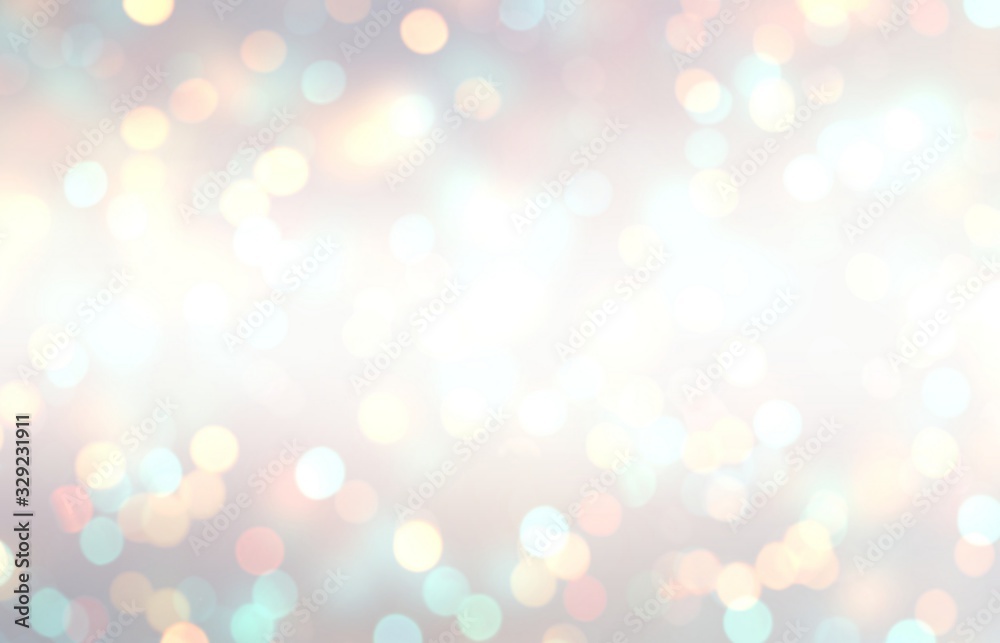 Glitter vintage pastel defocus template. Bokeh empty background. Holiday blurry pattern. Golden sparkles on white beige grey abstract texture. 