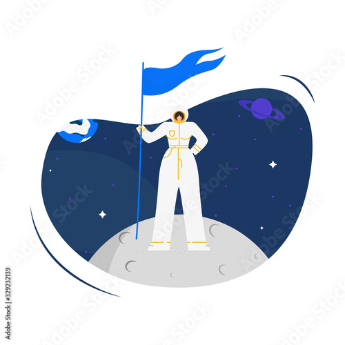 Woman Cosmonaut on Moon Flat Vector Illustration. Young Female Spacewoman Holding Flag Cartoon Character. Girl Power, Brave Lady in Spacesuit. Interstellar Travel, Space Program. Astronaut Profession