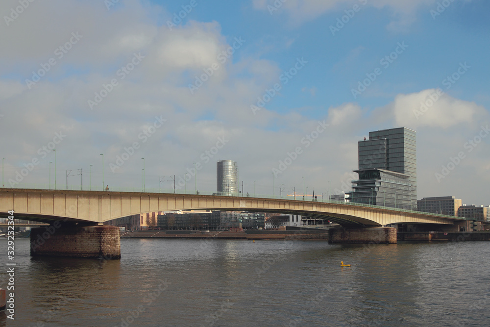 Deutz Suspension Bridge (Deutzer Brucke) over Rhine River. Cologne, Germany