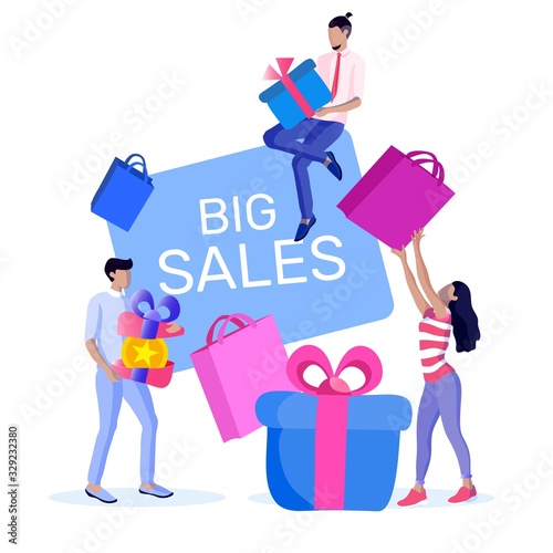 Advertising Flyer Communication Big Sales Flat. Participation in Formation Strategies and Tactics Market Behavior Company. Fashionable Guy is Considering Gift in Festive Package, Girl Gives him Bag.