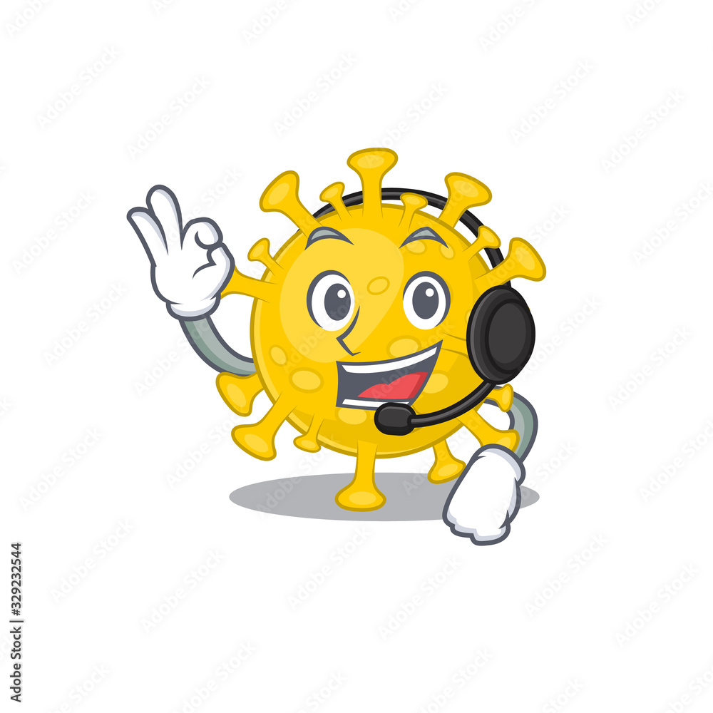 Charming corona virus diagnosis cartoon character design wearing headphone Charming corona virus diagnosis cartoon character design wearing headphone