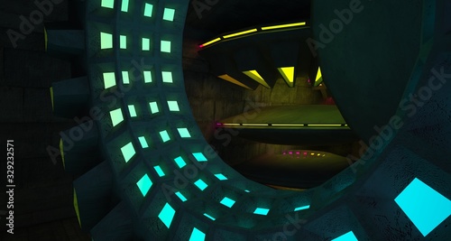 Architectural background. Abstract concrete interior with discs. Colored gradient neon lighting. 3D illustration and rendering.