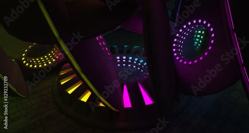 Architectural background. Abstract concrete interior with discs. Colored gradient neon lighting. 3D illustration and rendering.