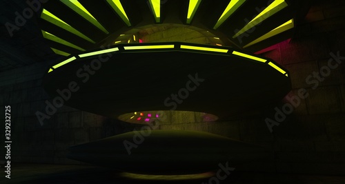 Architectural background. Abstract concrete interior with discs. Colored gradient neon lighting. 3D illustration and rendering.