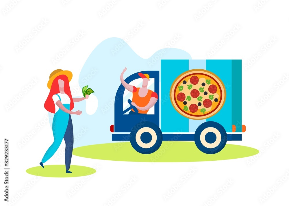 Man Truck Driver Selling Pizza on White Background. Woman with Money in Hands goes Pizza Seller. Vector Illustration. Healthy Food. Organic Food. Organic Production. Online Food Shopping. Man Truck Driver Selling Pizza on White Background. Woman with Money in Hands goes Pizza Seller. Vector Illustration. Healthy Food. Organic Food. Organic Production. Online Food Shopping.