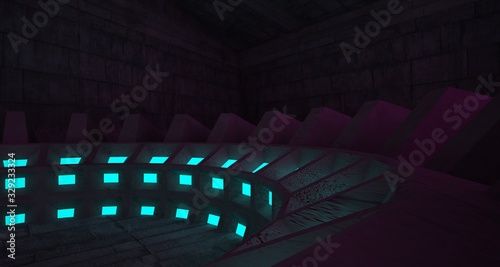 Architectural background. Abstract concrete interior with discs. Colored neon lighting. 3D illustration and rendering.