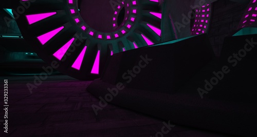 Architectural background. Abstract concrete interior with discs. Colored neon lighting. 3D illustration and rendering.