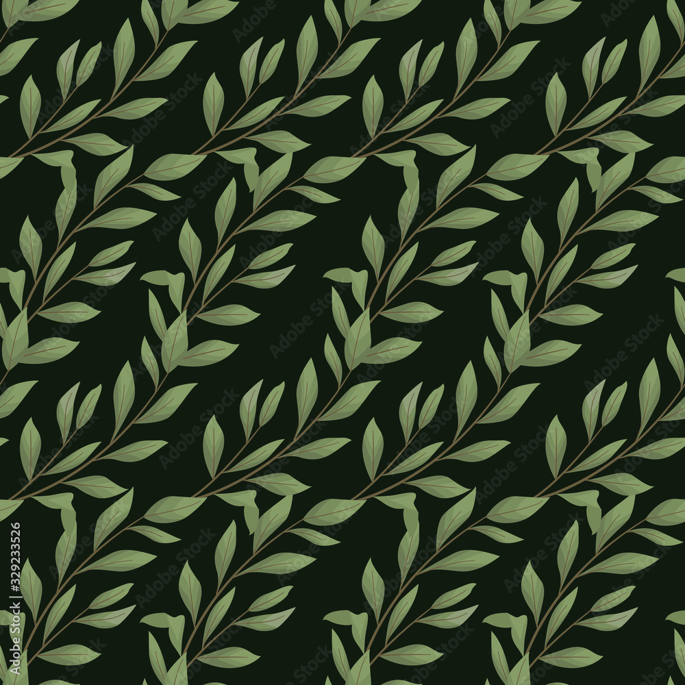 Vector seamless pattern with diagonal bay leaf twigs on dark green background; natural design for fabric, wallpaper, packaging, textile, web design. Vector seamless pattern with diagonal bay leaf twigs on dark green background; natural design for fabric, wallpaper, packaging, textile, web design.