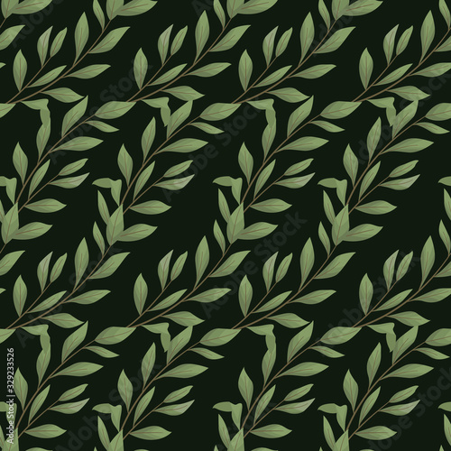 Vector seamless pattern with diagonal bay leaf twigs on dark green background; natural design for fabric, wallpaper, packaging, textile, web design.