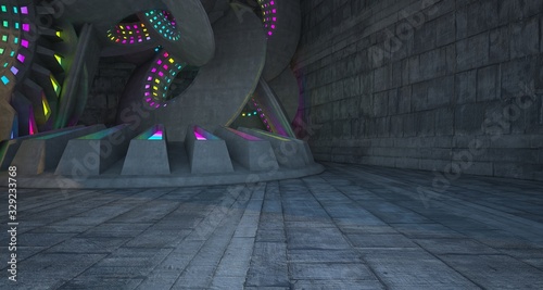 Architectural background. Abstract concrete interior with discs. Colored gradient neon lighting. 3D illustration and rendering.