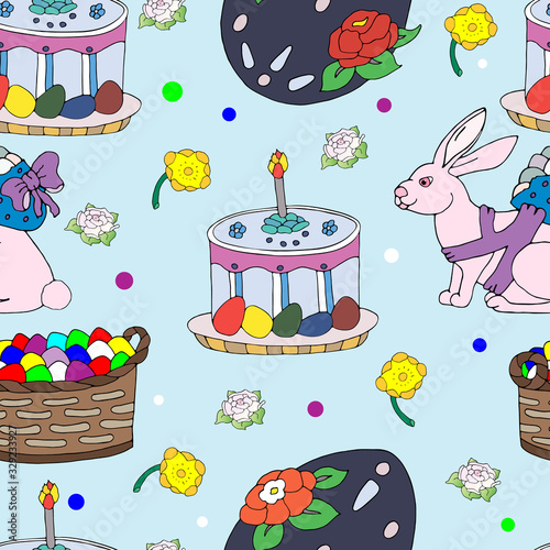 Seamless pattern vector hand drawn Easter cake, cute rabbit, beautiful painted eggs, roses and easter basket. Colorful background for easter festival, banners, posters, cards, wallpapers