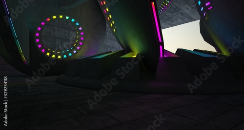 Architectural background. Abstract concrete interior with discs. Colored gradient neon lighting. 3D illustration and rendering.
