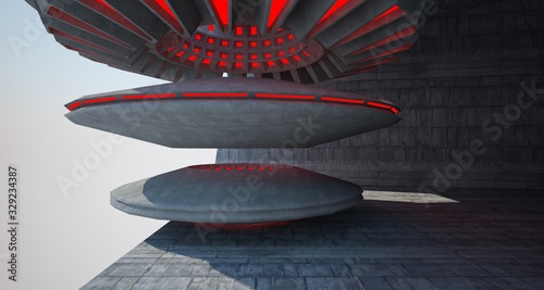 Architectural background. Abstract concrete interior with discs. Colored  neon lighting. 3D illustration and rendering.
