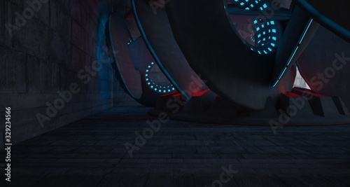Architectural background. Abstract concrete interior with discs. Colored  neon lighting. 3D illustration and rendering.