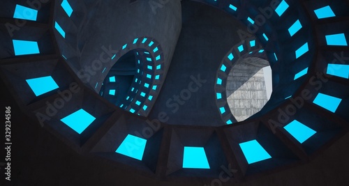 Architectural background. Abstract concrete interior with discs. Colored  neon lighting. 3D illustration and rendering.