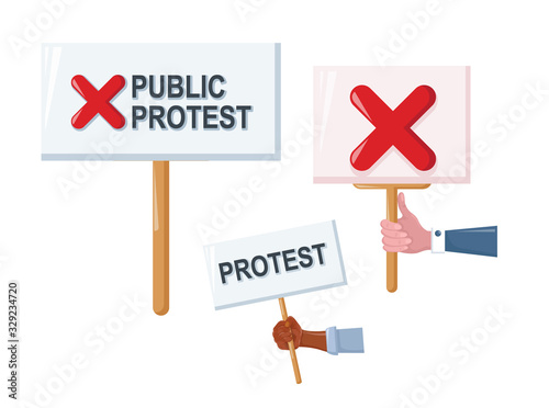 Protesters holding posters, placards, banners, flags vector