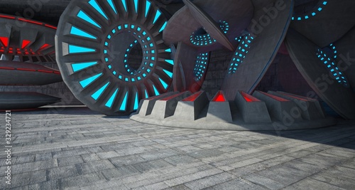 Architectural background. Abstract concrete interior with discs. Colored  neon lighting. 3D illustration and rendering.