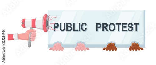 Protesters holding posters, placards, banners, flags vector