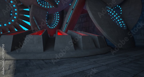 Architectural background. Abstract concrete interior with discs. Colored  neon lighting. 3D illustration and rendering.