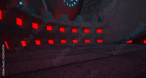 Architectural background. Abstract concrete interior with discs. Colored  neon lighting. 3D illustration and rendering.