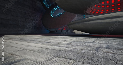 Architectural background. Abstract concrete interior with discs. Colored  neon lighting. 3D illustration and rendering.