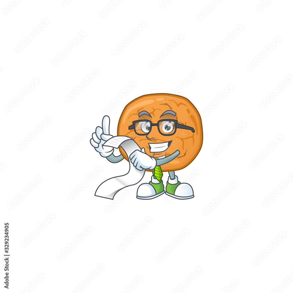 cartoon character of molasses cookies holding menu on his hand