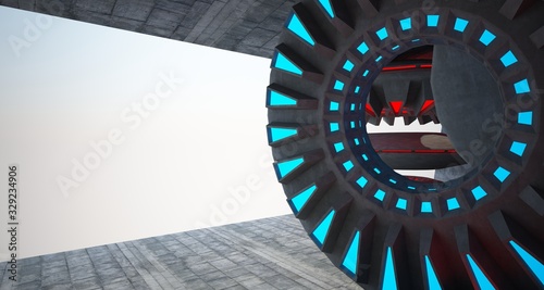 Architectural background. Abstract concrete interior with discs. Colored  neon lighting. 3D illustration and rendering.