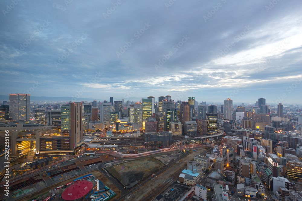 Fototapeta premium Skyscraper of Osaka City, View of Umeda Skyline after Sunset