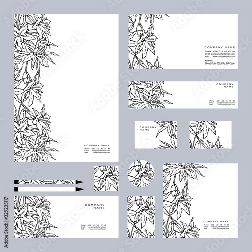 Black and white Busness set of Oriental Lily. Flowers, branches, leaves and buds. Hand-drawn collection. Vector illustration.