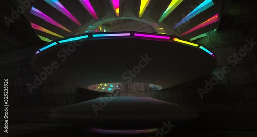 Architectural background. Abstract concrete interior with discs. Colored gradient neon lighting. 3D illustration and rendering.