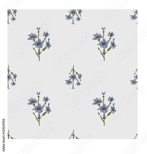 Hand embroidery style blue flowers seamless pattern. Vertical directionbig and small flowers