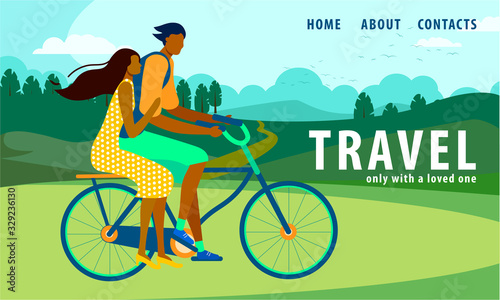 Man and Woman Riding Bicycle. Summer Time Vacation, Sparetime, Leisure, Romantic Voyage. Love, Human Relations. Young Loving Couple Characters Travel on Bike. Cartoon Flat Vector Illustration, Banner