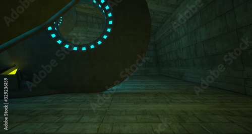 Architectural background. Abstract concrete interior with discs. Colored neon lighting. 3D illustration and rendering.