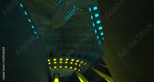 Architectural background. Abstract concrete interior with discs. Colored neon lighting. 3D illustration and rendering.