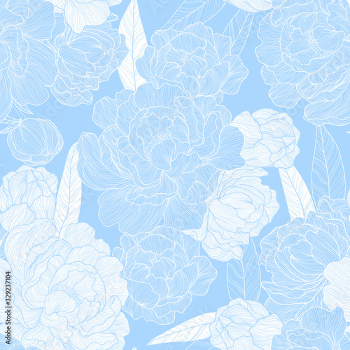 Vector seamless pattern with white line art peonies flowers and leaves on blue background. Hand drawn peony in outline style. Repeated background. Best for wrapping, textile, wedding design.