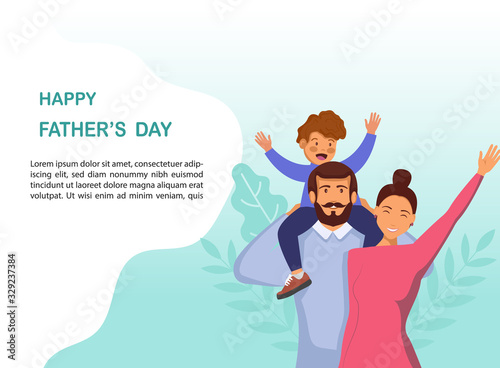 Greeting card Happy Father's Day. Vector illustration of a flat design - stock vector. Happy father's day design template. A cartoon photo of a father, red-haired son and wife hugging together. Vector